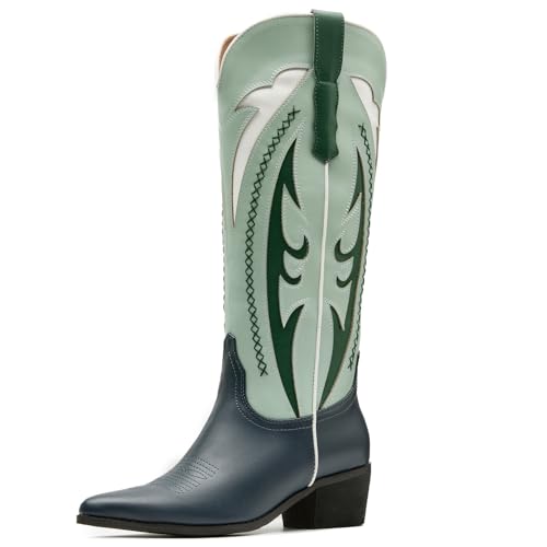 Cowboy Boots for Women Embroidered Knee High Western Womens Cowgirl Boots Chunky Heel Pointed Toe