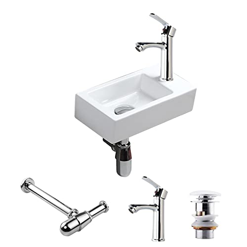 CROSS ZEBRA Lavabo de cerámica montado en la pared Rectángulo Tamaño pequeño con grifo Sifón Blanco Recipiente de diseño moderno simple y elegante Fácil de instalar y limpiar para baño (Mano derecha)