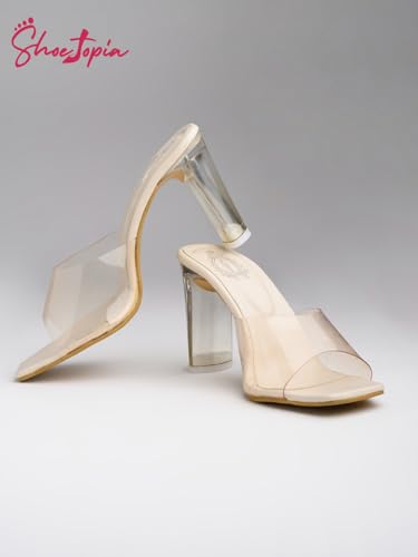 Image of Shoetopia Women's Transparent Block Heels | Stylish Square Toe Slip-On Party Comfortable Sandals