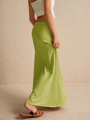 EARKOHA 2025 Women's Summer Maxi Skirt Drawstring Low Waist A Line Linen Long Flowy Skirts Lime Green XS2
