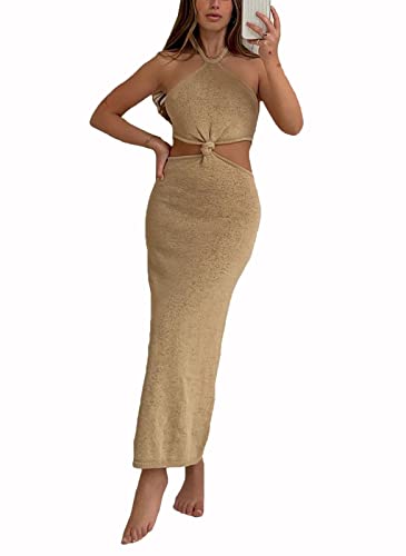 Womens Sexy Knit Cut Out Casual Summer Beach Long Dress Halter Neck Lace Up Bodycon Club Party Maxi Dresses (SUM3322A-Beige,S)