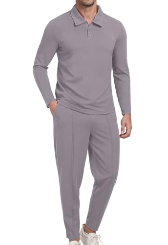 KUYIGO Men's Tracksuits Polo 2 Piece Outfits Long Sleeve Pullover Tracksuit Set Sweatshirt and Joggers Waffle Tops Bottoms Casual Golf Suit