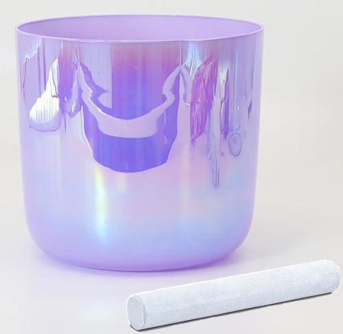 紫色のサウンドボウル、スエードマレットとOリング付き、ヨガ瞑想とサウンドバス用のクォーツチャクラクリスタルシンギングボウル(432Hz,7 inch A note)