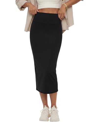 Image of Rooscier Women's High Waisted Pencil Midi Skirt | Stretchy Bodycon Knee Length Skirts with Back Slit