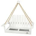Solution4Patio White Swing Bird Feeder, Squirrel-Proof Metal Mesh Tray with Bench Design, High-Capacity Rust-Resistant Hanging Bird Feeder for Porch & Yard Décor – Easy Fill & Clean