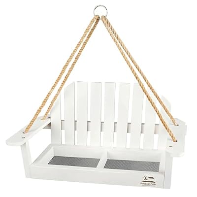Solution4Patio White Swing Bird Feeder, Squirrel-Proof Metal Mesh Tray with Bench Design, High-Capacity Rust-Resistant Hanging Bird Feeder for Porch & Yard Décor – Easy Fill & Clean