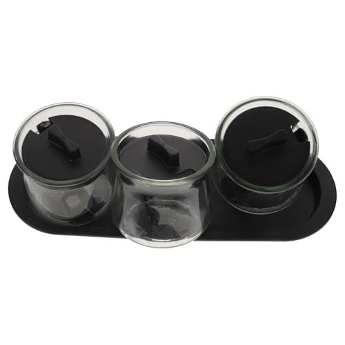Mikikit Juego de 3 Frascos de Especias de Vidrio Transparente con Cucharas Medidoras y Bandeja Botella de Condimentos de PP y Vidrio Sodado Adecuado para Cocina y Almacenamiento