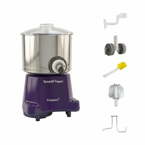 Image of SmartFingers Comfort + Table Top Wet Grinder 230V, 3 Liter, Violet with Coconut Scrapper & Atta Kneader Attachment | Hands-Free Batter Dispenser | Top Wiper, 220W Motor | 5 Years Warranty | AISI 304