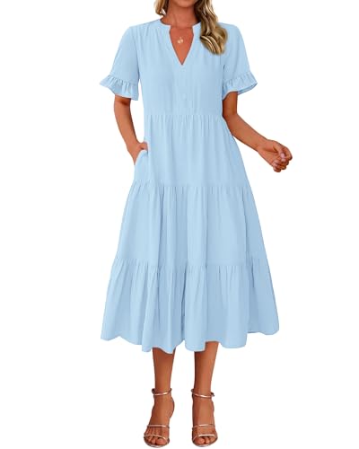 Image of BTFBM Summer Dresses for Women 2025 Vacation V Neck Loose Short Sleeve A Line Tiered Flowy Casual Midi Beach Dress