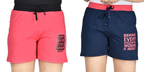 Image of Club A9 Women's Cotton Printed Shorts | Short Pants | Hot Pants (Pack of 2) (XL, Dark Pink, Navy Blue)
