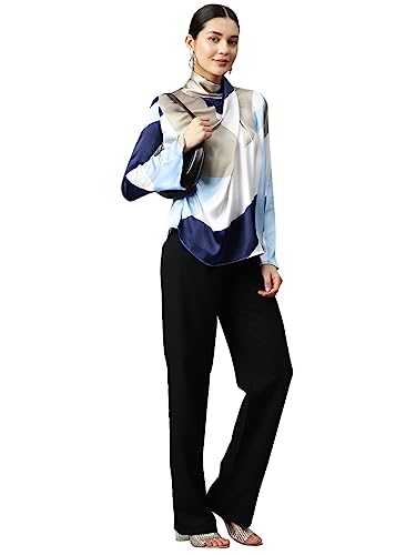 Image of IVES Women's Blue Printed High Neck Top High Neck Hook and Eye Standard Length Full Sleeve Polyester Western Casual and Office Wear Good Choice for Women and Girls