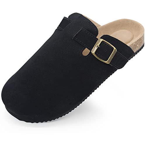 Folhaoth Womens Mens Boston Clogs Dupes Suede Cork Footbed Sandals With Arch Support And Adjustable Buckle Non Slip Waterproof Cork Footbed Slippers Mules For Unisex Black #TOP26