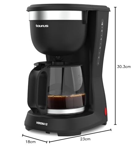Taurus – Cafetera de Goteo Verona 12, 680W, Coffee, Capacidad 1,25L, 12 Tazas, Cafetera con Filtro Permanente Lavable, Boquilla Antigoteo, Sin BPA, Autoapagado, Compacto, Negro