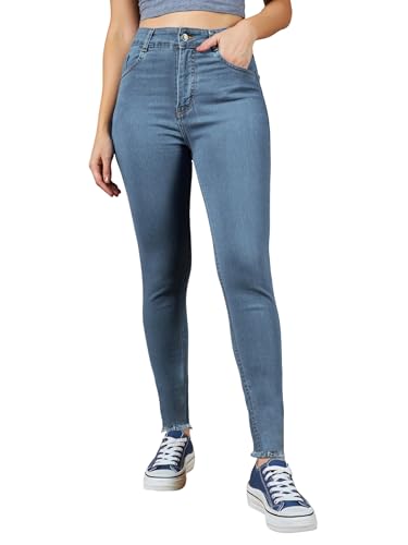 Image of Miss Chase Women's Skinny High Rise Cropped Fringed Hemline Detailing Stretchable Denim Jeans