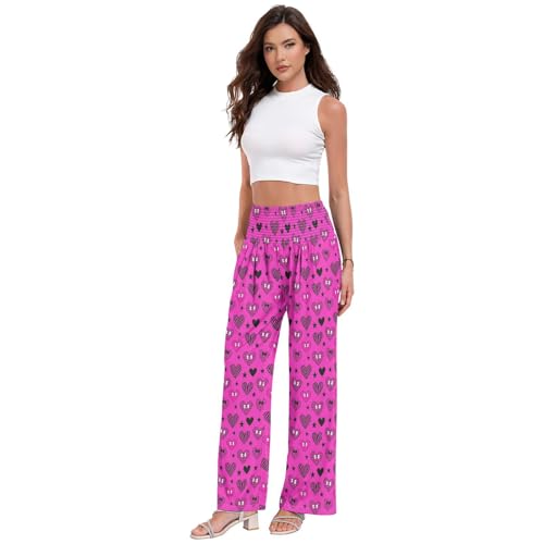 Pantalon large rose cœur léopard et zèbre à taille haute stretch - 2