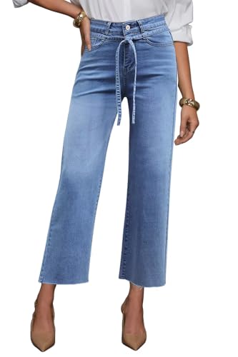 Allimy Womens Jeans High Rise Belted Wide Straight Leg Frayed Hem Jeans for Women Trendy 2025 Denim Pants