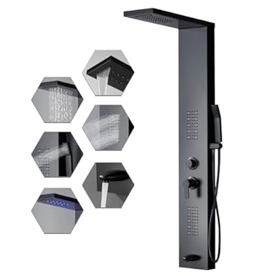 BWE Shower Panel Tower System LED Shower Column with Rainfall Waterfall Shower, Rain Massage System, Handheld Shower and Tub Spout, Black