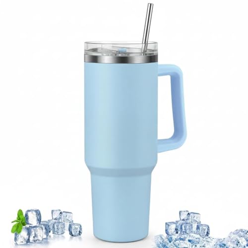 Image of Double Wall Insulated Stainless Steel Tumbler with Handle 1200ml | Travel Mug with Steel Straw| Hot & Cold Beverage Flask | Easy Carry Home, Office, Gym (Blue)