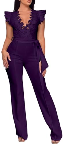 Image of PaladMom Womens Elegant Plus Size Jumpsuits Sexy Back zipper Short Sleeve Mid Waist Wide Leg Straight Rompers