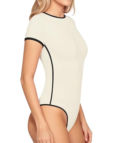 Image of MANGOPOP Women's Round Neck Short Sleeve Bodysuit T Shirts Basic Body Suit Tops