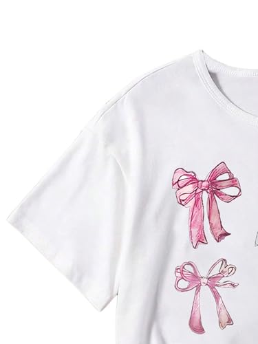 Image of RoseSeek Girl's Bow Graphic Tees Crew Neck Short Sleeve Summer T Shirts Preppy Cute Clothes for Girls