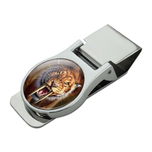 Sabertooth Tiger Hunting Satin Chrome Plated Metal Money Clip