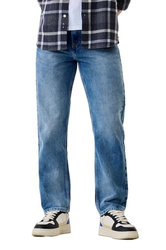 Image of SNITCH Men Casual Jeans | Relaxed Fit Straight Leg Washed Pattern & Drawstring Closure | 100% Cotton Denim Fabric for All Day Comfort & Everyday Wear
