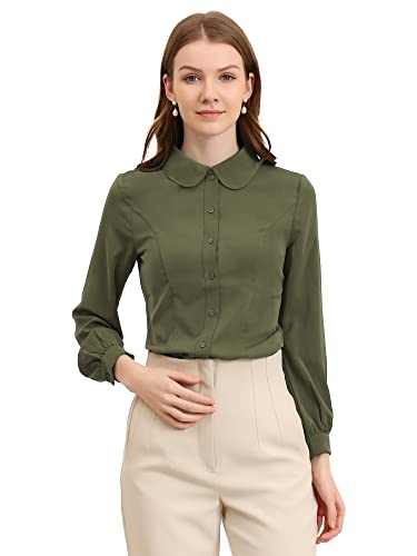 Allegra K Women's Peter Pan Collar Blouse Business Casual Long Sleeve Button Down Work Shirt Large Army Green