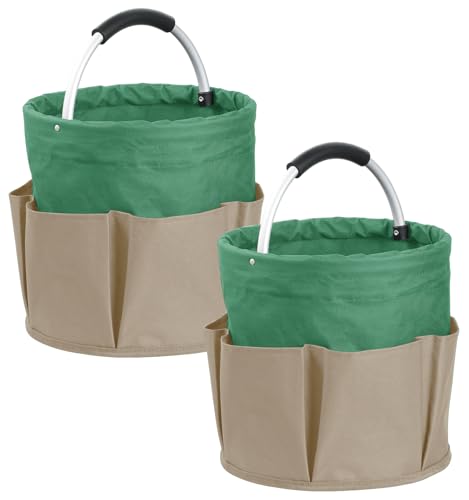 Image of Set of 2 Foldable Cleaning Caddy for Cleaning Supplies, 17L Household Tool Bucket Organizer for Men, Large Cleaning Basket in 600D Oxford Fabric for Travel, Garden, Khaki with Green