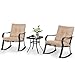 SOLAURA Outdoor Rocking Chairs Bistro Set 3-Piece Black Steel Furniture with Brown Thickened Cushion & Glass Coffee Table