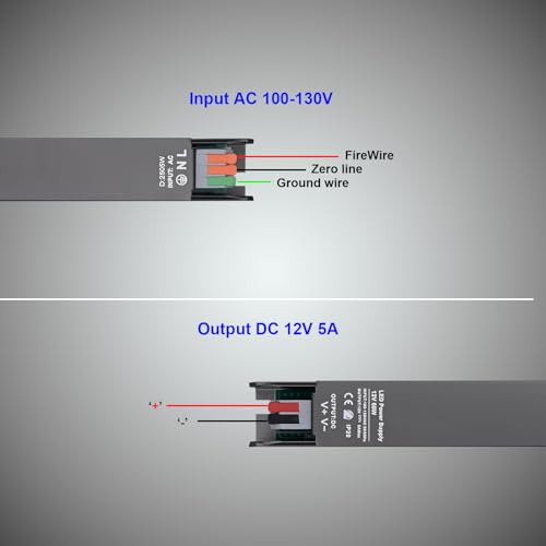 Image of 12V 60W LED Driver, Ultra Thin 2cm /0.78in Width Low Voltage Transformer, AC 100-130V to DC 12V 5A LED Power Supply,IP30 NO Waterproof for Indoor LED Strip