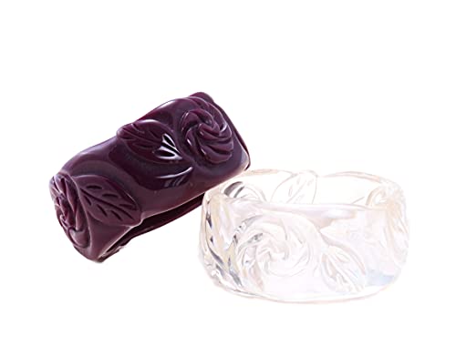 ADIA KIBUR Thick Carved Rose Unique Resin Plastic Acrylic Bangle Bracelet Bakelite Alternative Vintage Fashion Designer Jewelry Boho Trend Classic Best Gift For Women Girls (Plum, Clear)