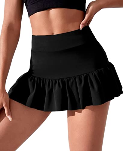 Afibi Women Stretchy Flared Ruffle Layered Mini Tennis Skater Skirts with Short
