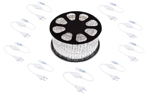 Generico Striscia LED 220V 100 Metri – LED Strip 6500K Bianco Freddo SMD 5050 – Flessibile Interno Esterno IP65 – Bobina con 10 Spine Incluse – Illuminazione Decorativa a Basso Consumo