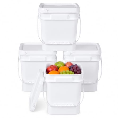 UMETASS 1 Gallon Food Storage Buckets with Lids 4 Pack Square BPA Free Plastic Containers with Handles and Labels for Rice Flour Snacks and Kitchen Storage (White)