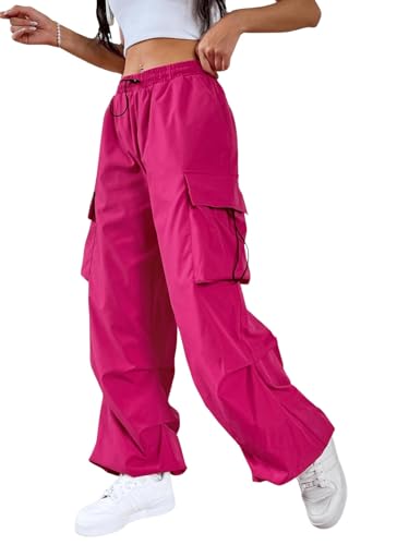 SweatyRocks Womens Drawstring Elastic Waist Loose Pants Casual Flap Pocket Cargo Pants Trousers Hot Pink S