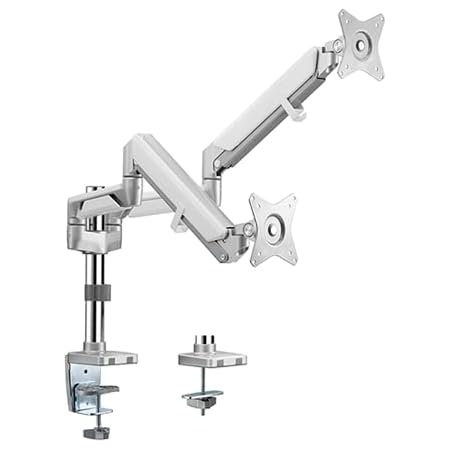 Rife Dual Monitor Height Adjustable Gas Spring Desk Mount Stand, Fits 17"-32" LCD LED Monitors, Aluminium Material VESA Bracket with Clamp Base - Silver