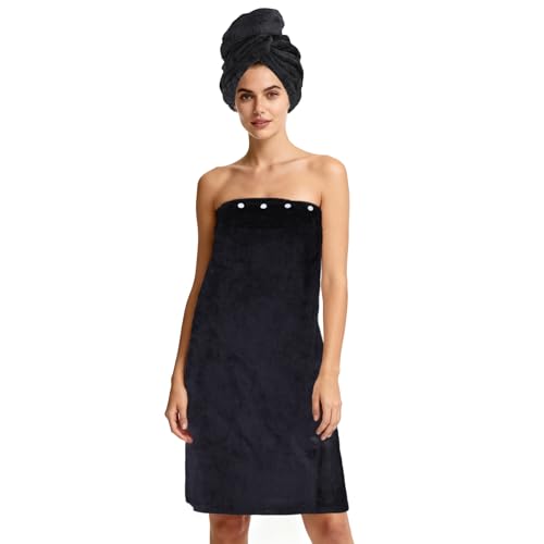 FABBRICA Home Super Absorbent Quick Dry Spa Bath Wrap Shower Skirt and Hair Drying Turban - 2pc Set (One-Size, Black)
