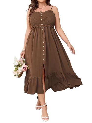 SCOMCHIC Womens Plus Size Summer Dresses Sleeveless Spaghetti Strap Button Down Smocked Beach Long Maxi Dress with Slit