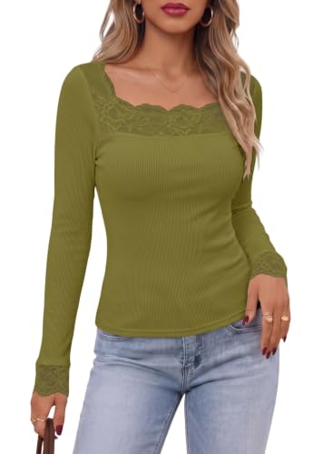 Image of Dokotoo Womens Tops Lace Long Sleeve T Shirts Ribbed Knit Stretch Top 2026