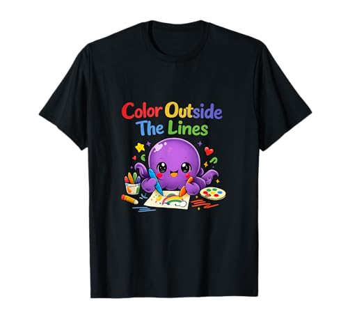Farbe außerhalb der Linien Kawaii Octopus Doodle Art T-Shirt