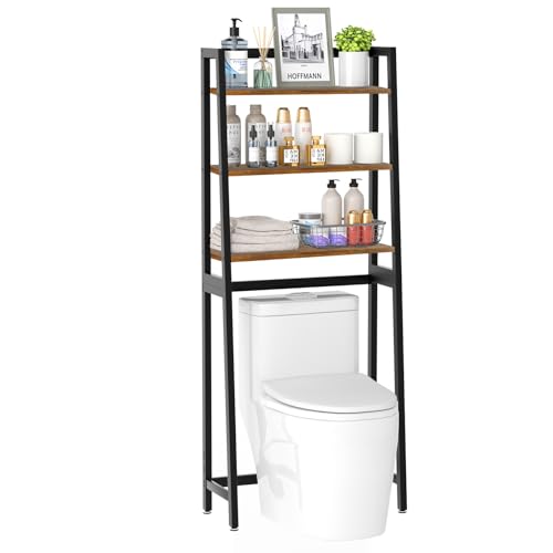 VASMIA Over The Toilet Storage Shelf,3-Tier Bathroom Organizer Over Toilet Storage Cabinet,Freestanding Space Saver with 3 Hooks Black and Rustic Brown