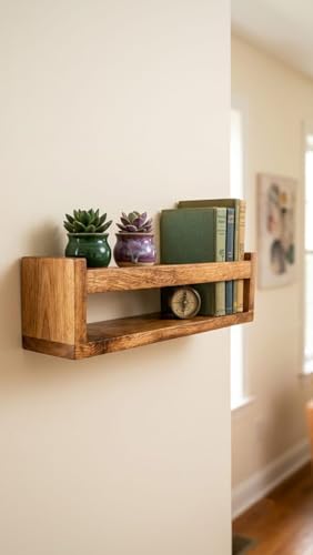 Image of Wooden wall Shelves, wall-Mounted Book Shelves for Living Rooms, Kitchens, and bedrooms, Floating wall Shelves, and wall-Mounted displays