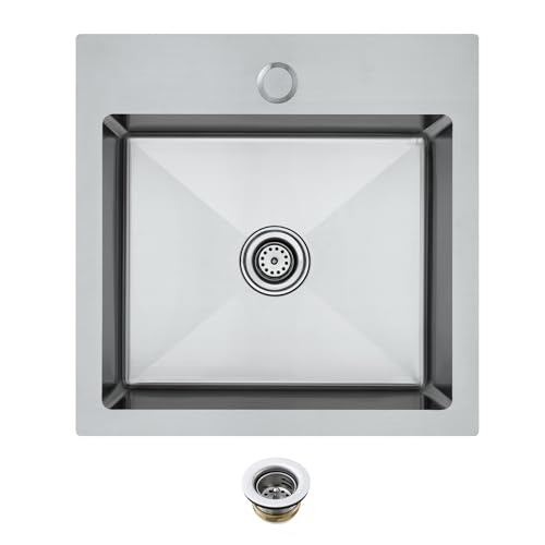 MENATT 15x15 inch Drop-in Bar Sink with 1 Faucet Hole, T-304 Stainless Steel Handmade Single Bowl Kitchen Rv Sink with 2" Drain Hole, Brushed
