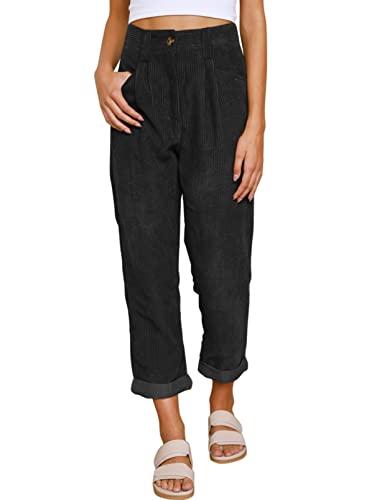 ROSKIKI Pantalones de pana de pierna recta de cintura alta para mujer con bolsillos, B688 Negro, Small
