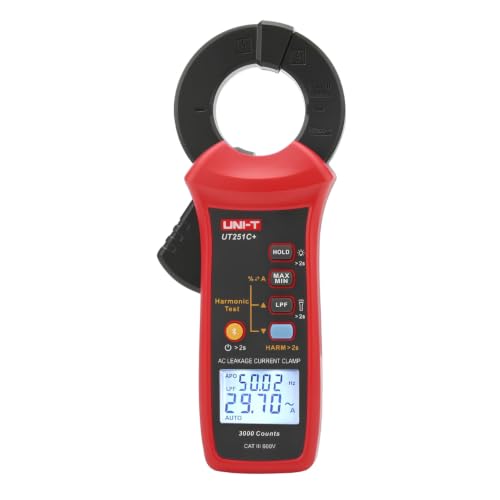UNI-T UT251C+ Pinza amperimétrica digital para corriente de fuga AC, resolución de 1μA, rango 3mA-60A, apertura de 40mm, 3000 cuentas, con Bluetooth y prueba de armónicos