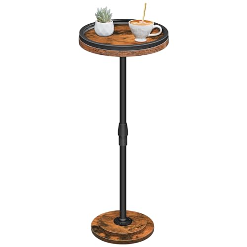 Image of HOOBRO Round Side Table, Height Adjustable Bedside Table, Small Drink Table Sofa Table with Pedestal, Pedestal Side Table for Small Spaces in Living Room, Bedroom, Rustic Brown and Black EBF268BZ01