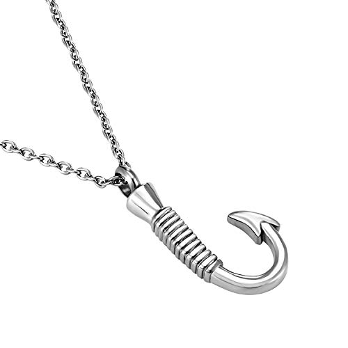 Norya Fish Hook Cremation Jewelry Ashes Urn Necklace Pet Holder Memorial Pendant Stainless Steel Waterproof Urn Pendant (Silver Tone) #TOP3