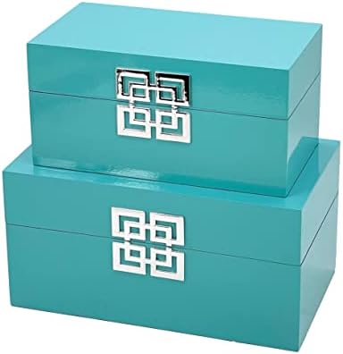 Galt International Large & Small Decorative Storage Box w/Hinged Lid - Classic Design Wood Decor Boxes with Geometric Opening Clasp - Storage for Bedroom and Home - Set of 2 (Blue)