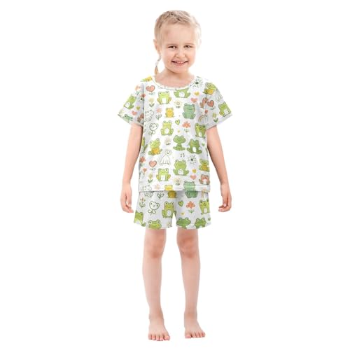 ALAZA Cute Frog Heart Blossom Pajamas Set Short Sleeve Cotton Sleepwear Summer Pjs 2 Piece 5-14Y3